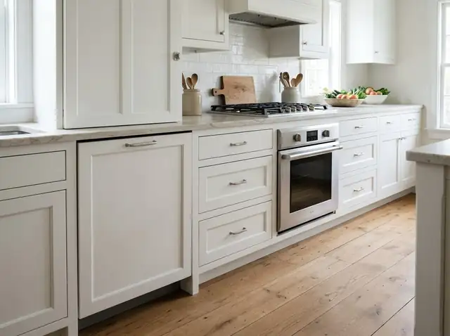 Kitchen with a dishwasher hidden behind a cabinet panel that matches the white shaker cabinets (illustration)