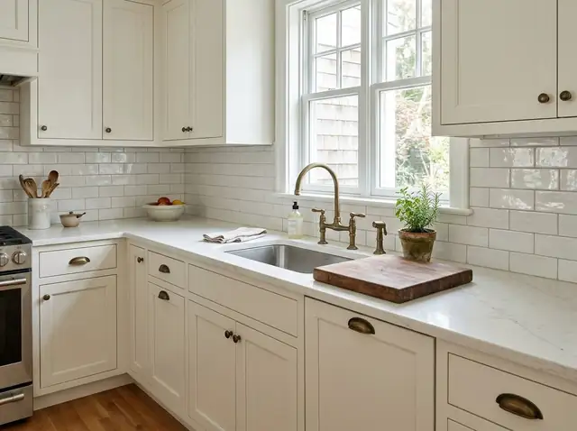 White quartz countertop with soft gray veining on painted kitchen cabinets (illustration)