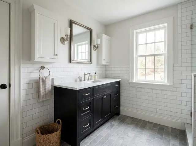 Bathroom with a black stained vanity, white quartz top and white painted wall cabinet (illustration)